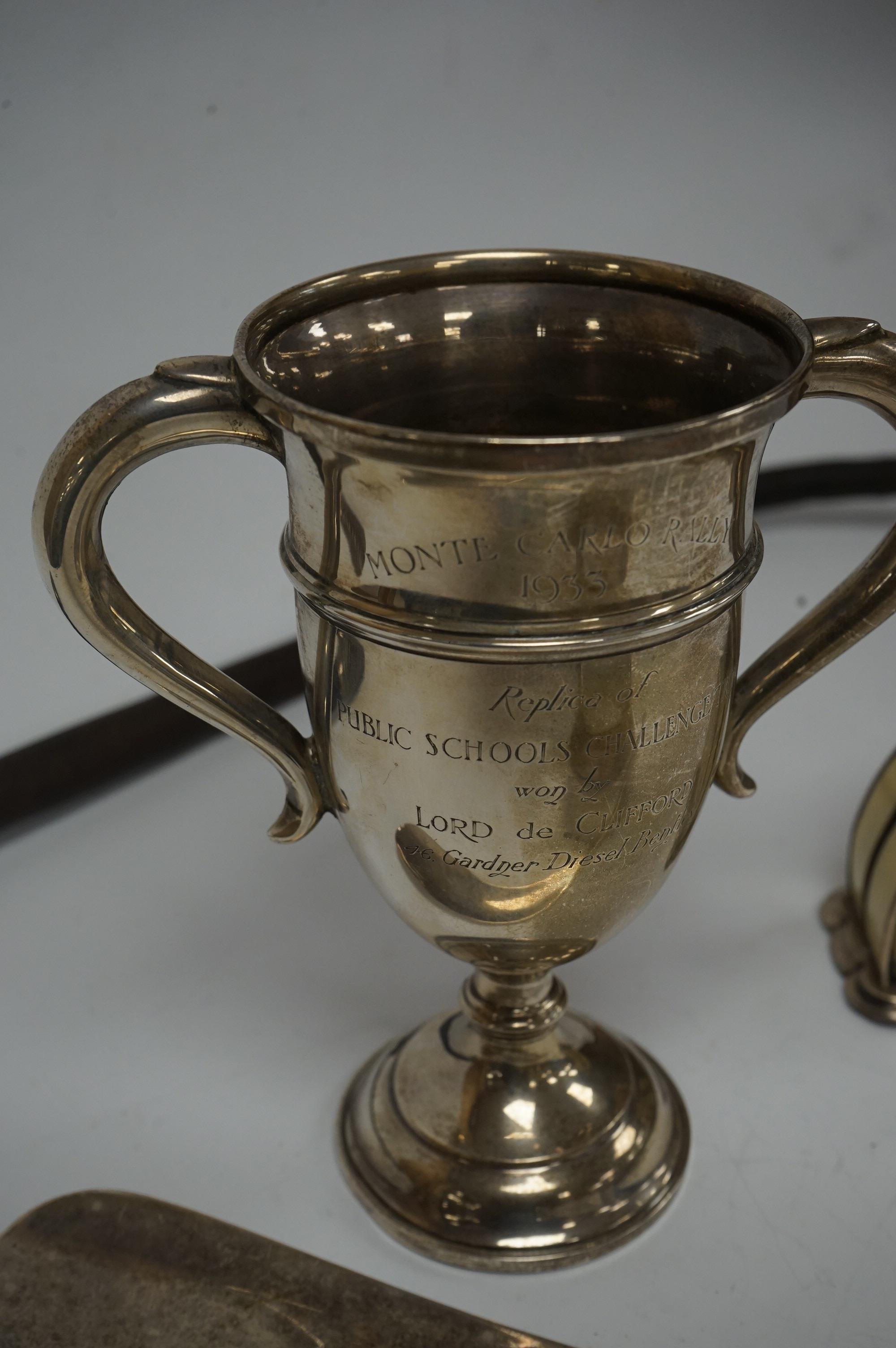 A small George V silver two handled presentation replica trophy cup, with engraved inscription relating to the 1933 Monte Carlo Rally, Charles Boyton & Sons, London, 1932, 14.2cm, together with an early 20th century silv